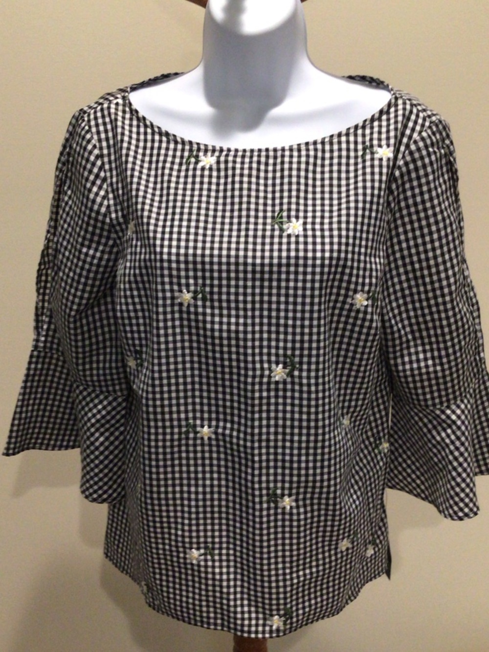 Alyx Black and White Gingham Embroidered Bell-Sleeve Blouse